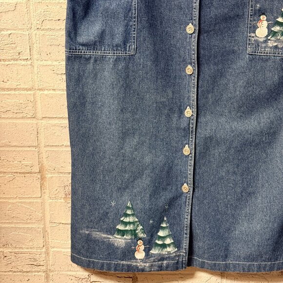Karin Stevens Vintage Denim Jumper Dress – Snowman & Christmas Tree Print – 8 - Picture 4 of 9